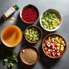 Healthy juice and ingredients,  Knolling layout, 