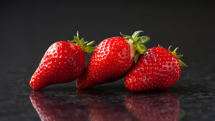 Strawberry. Ripe red strawberries on a black background with reflection.  Brilliant glare. Selective focus