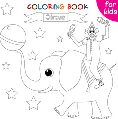 Circus characters. The clown sits on an elephant in the circus arena. Editable vector