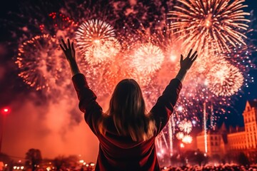 Woman enjoying the fireworks display a night of celebration. Ai generated.