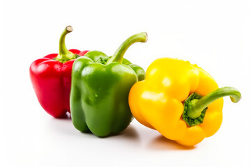 Fresh colorful bell peppers isolated on white background. Generative AI.