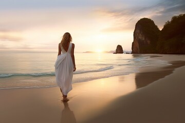 A slim woman in a white dress walks along a serene beach at dawn, freedom. Ai generated.