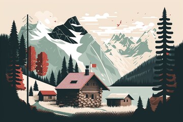 Switzerland, exquisite postcard featuring stunning landscapes. The soft pastel tones and simple flat design draw . AI generated.