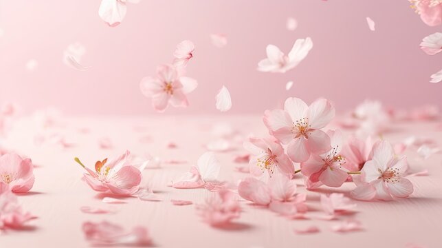 Delicate and ethereal cherry blossom petals on pink background. Floral wallpaper texture, exclusive flower design.  Generative AI. 