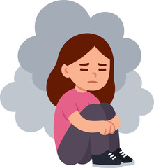 Sad depressed teenage girl sitting on the floor hugging knees with clouds around