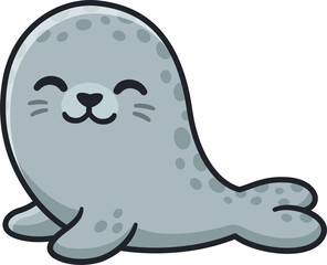 Cute cartoon seal drawing, kawaii illustration. Grey spotted harbor seal smiling.