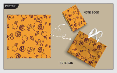 mockup tote bag and note book with cherry and  lemon line art seamless pattern vector.