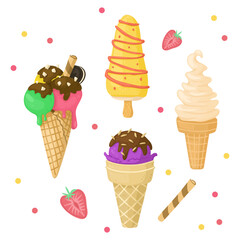 Set of ice-creams and soft serve. Vector cartoon elements.
