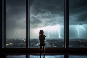 Child look at night sky with clouds and many lightning through the panoramic window, created with Generative AI Technology