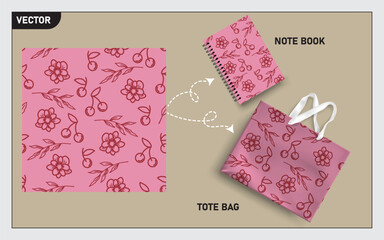 mockup tote bag and note book with cherry and lemon line art seamless pattern vector.