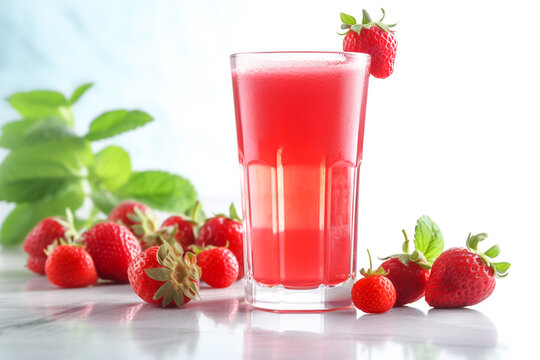Glass with red fresh strawberry juice isolated on white background. Healthy refreshing summer strawberry fruit juice drink. Generative AI