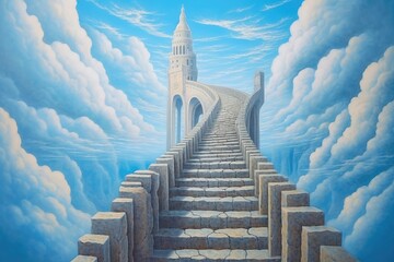 Stairway to heaven oil painting. Generative AI