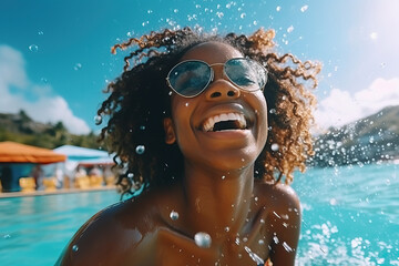 Obraz na płótnie Canvas A afro American woman in sunglasses splashing in a pool
