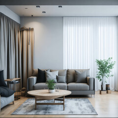 Clean Neutral Color Modern Living Room Cozy Couch Wooden Floor Big Window natural Light Green Plant High Ceiling Led Spot lights Generative Ai