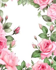 The border is a wedding/greeting illustration of pink roses and green leaves. (Generative AI)