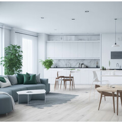 White Bright Clean Classic Modern Interior Living Room And Kithchen Island Big Windows  Natural Sun Light Green Pot Plants, Large Cozy Sofa Generative Ai