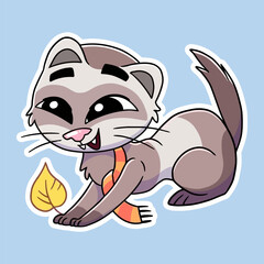 Cute cat sticker lunging for prey, with happy face wearing scarf