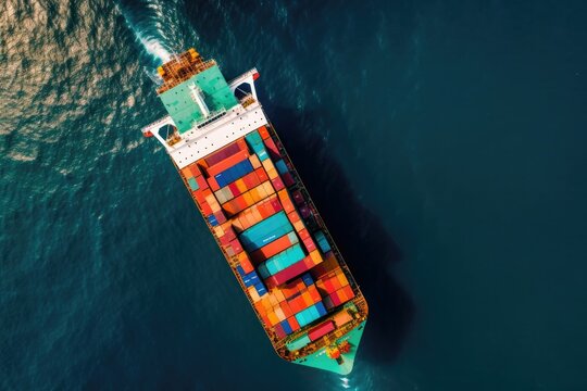 View from above of a heavily filled container cargo ship speeding through a blue ocean. Generative AI