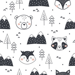 Cute hand drawn seamless pattern with woodland animals and snowy mountains. Doodle Black and White Cartoon Animals Background. Cute Cartoon fox, racoon, bear, and owl.