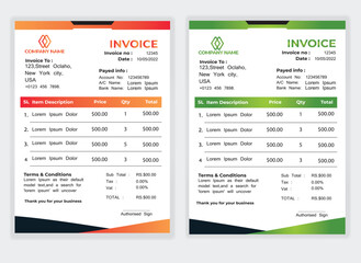Business Minimal Corporate Invoice design template vector illustration bill form price . Creative template and stationery design payment agreement design template Cash Memo, Vector Quotation Design
