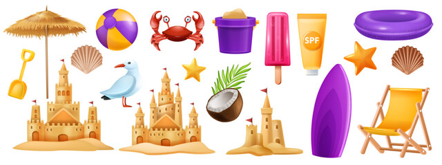 3D sand castle set, beach summer vacation vector clipart kit, kid bucket, red crab, starfish, ball. Cartoon ocean sea shore tower, tropical season object, gull, shell, children game. Coast sand castle © Oleksandra