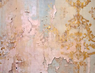 Distressed painted antique wall in pink and gold, golden shiny rococo ornaments. Beautiful distressed luxury vintage surface. Generative Ai.