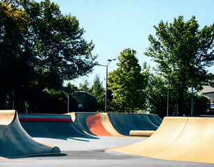 Skate Park in the daytime. unique images, Warm sunshine.
