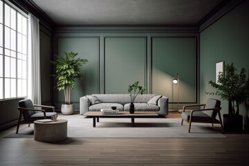 AI generated wide angle of luxury and contemporary living room interior architecture 