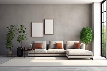 AI generated wide angle of contemporary living room interior decor with copy space