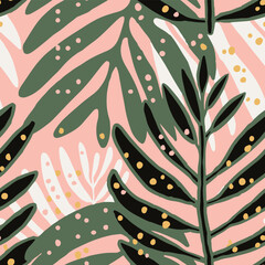 Pink Seamless Decoration Plant Lines Background. Yellow Repeated Fashion Bloom Fabrics, Seamless Vector.