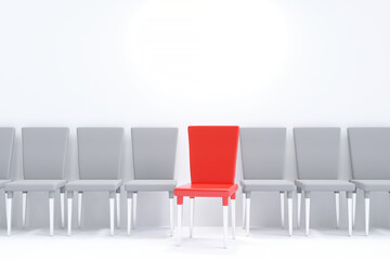 One red chair between white chairs. A row of chairs on a white background. concept of business ideas for applicants for selection, and job interview, with copy space. 3D rendering