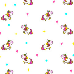 Illustration of a seamless pattern with a Patern unicorn. Printing printing on clothing, goods, textiles, tablecloths, tableware, children's clothing.