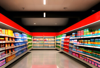 Blurred Background Abstract Bokeh Shelving unit in Shopping store supermarket look at the lights ..