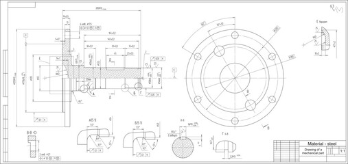Vector drawing of a steel mechanical part with through holes. Engineering CAD scheme. Steel shaft.
