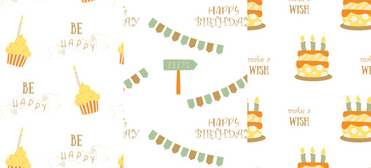 Birthday background pattern. Cake, candies, balls, gifts	
