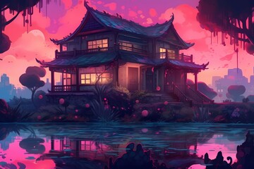Fototapeta premium A painting of a japanese house beautifull generated ai