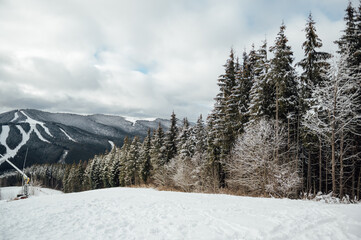A beautiful view of the mountains from the funicular, but which skiers climb