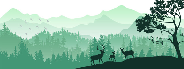 Horizontal banner. Silhouette of deer, doe, fawn standing on hill, forest and mountains in background. Magical misty landscape, fog. Green illustration. Background.
