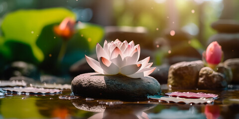 wellness design with a flower on a stone in the water - obrazy, fototapety, plakaty