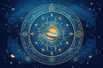 magic banner for astrology, magic divination, cosmic device, crescent moon and sun with moon on blue background, mystical vector illustration, pattern