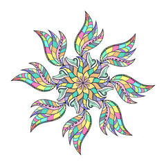 Obraz premium Vector hand drawn doodle mandala with leaf. Ethnic mandala with black line ornament. Isolated. Illustration on doodle style. monochrome line for tattoao.