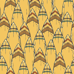 Surf seamless pattern or surfing background for tiki bar. Traditional ethnic surfing of hawaii, maori or polynesian. Design of old tribal board