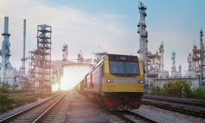 Fototapeta premium A cargo train leaves a petroleum refining plant at a cargo terminal at the port.