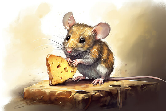 illustration of mouse eating cheese Generative Ai