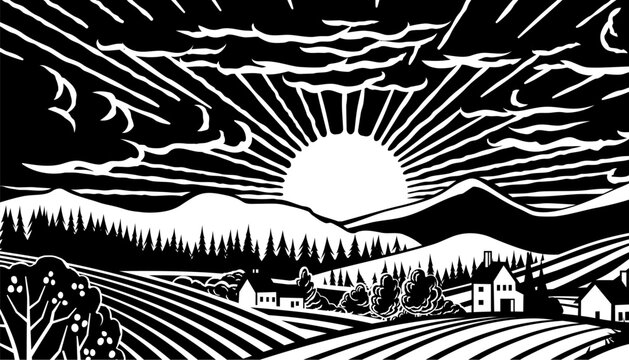 Rolling hills, fields and farm or vineyards background illustration. Forests and mountains in the background. In a vintage retro woodcut or lino print or linoleum cut style