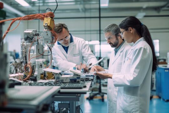 Scientists in a modern lab work with robotics, showcasing innovation in artificial intelligence and technology. A candid representation of the forefront of scientific research, generative ai