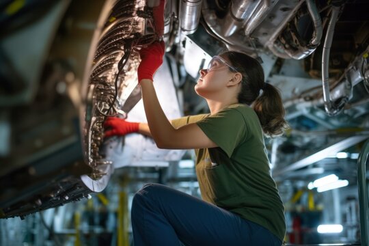 A proud and confident female aerospace engineer works on an aircraft, displaying expertise in technology and electronics. Image captures a candid moment in aviation industry, generative ai