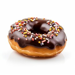 A delicious donut with chocolate and sprinkle isolated on white background. Generative AI.