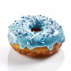 A delicious donut with blue icing and sprinkle isolated on white background. Generative AI.