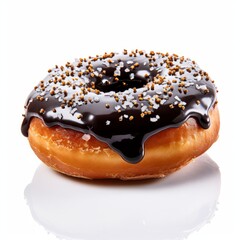 A delicious donut with black icing and sprinkle isolated on white background. Generative AI.